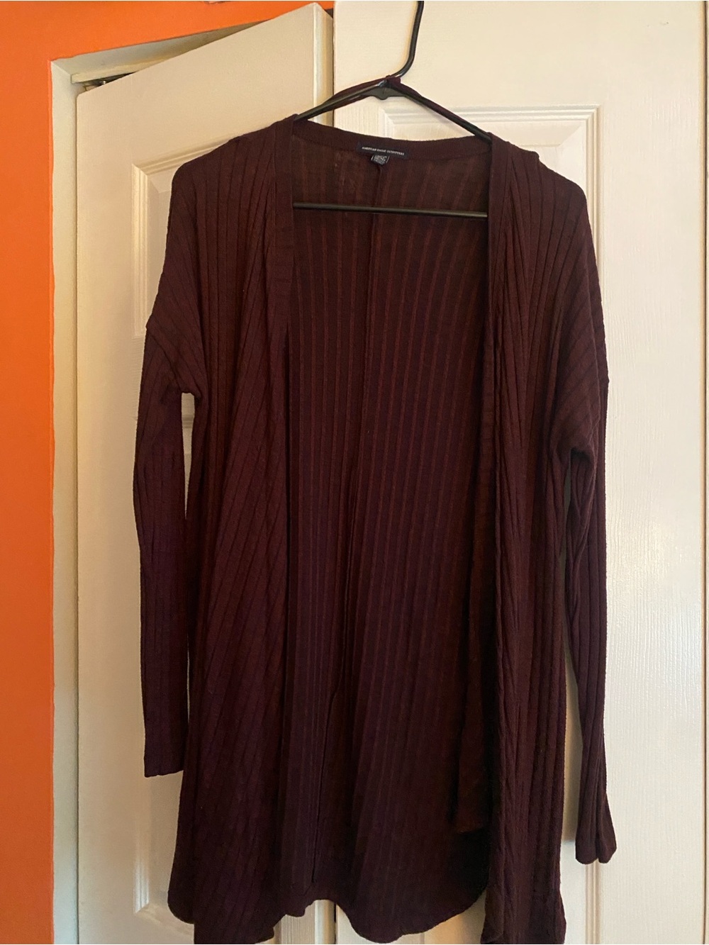 American Eagle Outfitters Ribbed Open-Front Cardigan in Burgundy- size medium